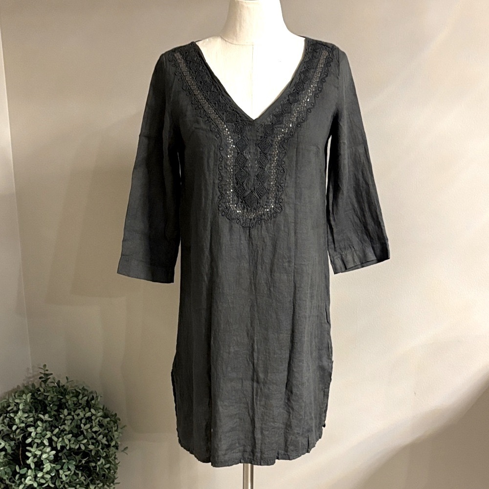 Carla Conti 100% linen mini dress 3/4 sleeve embroidered beaded front ITALY sz S